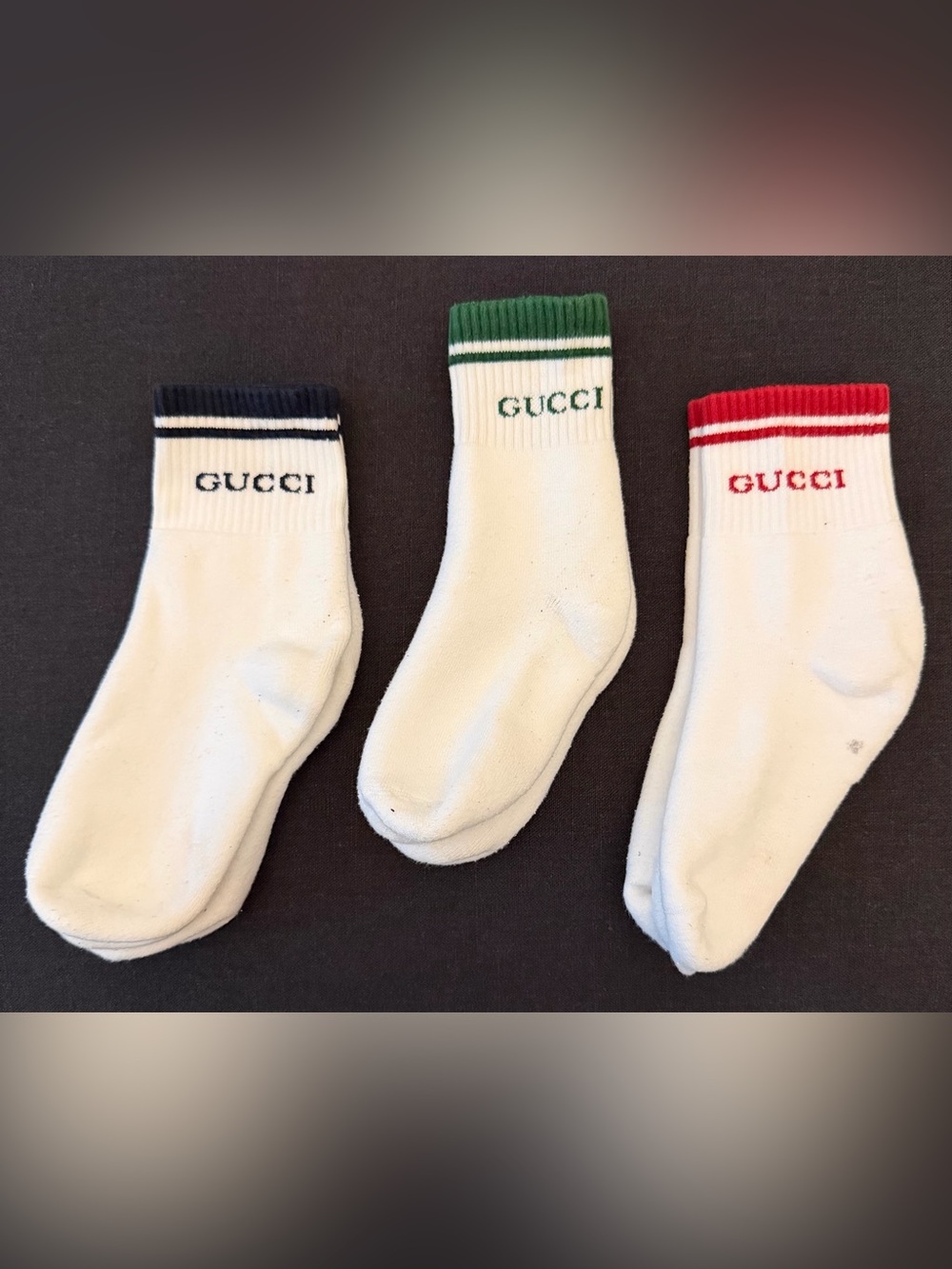Men’s Gucci White Crew Ankle Socks with Black, Green and Red Trim - Set of 3